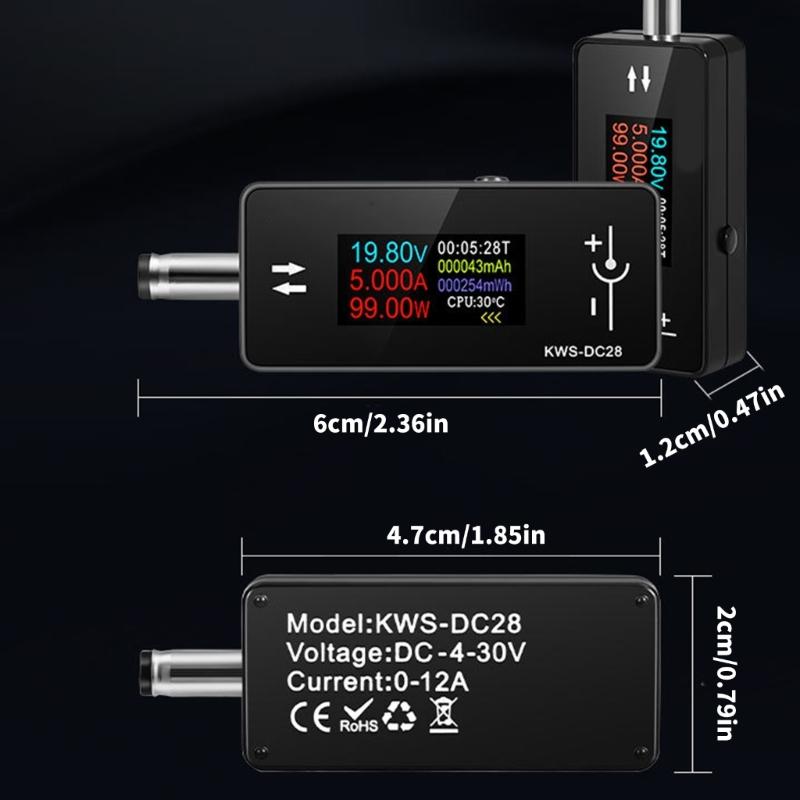 Voltage Ammeter Digital Tester for 5.5x2.5/2.1 Device 0.96inch TFT Color Display 4-30V 0-12A 5.5x2.5 Interface Tester