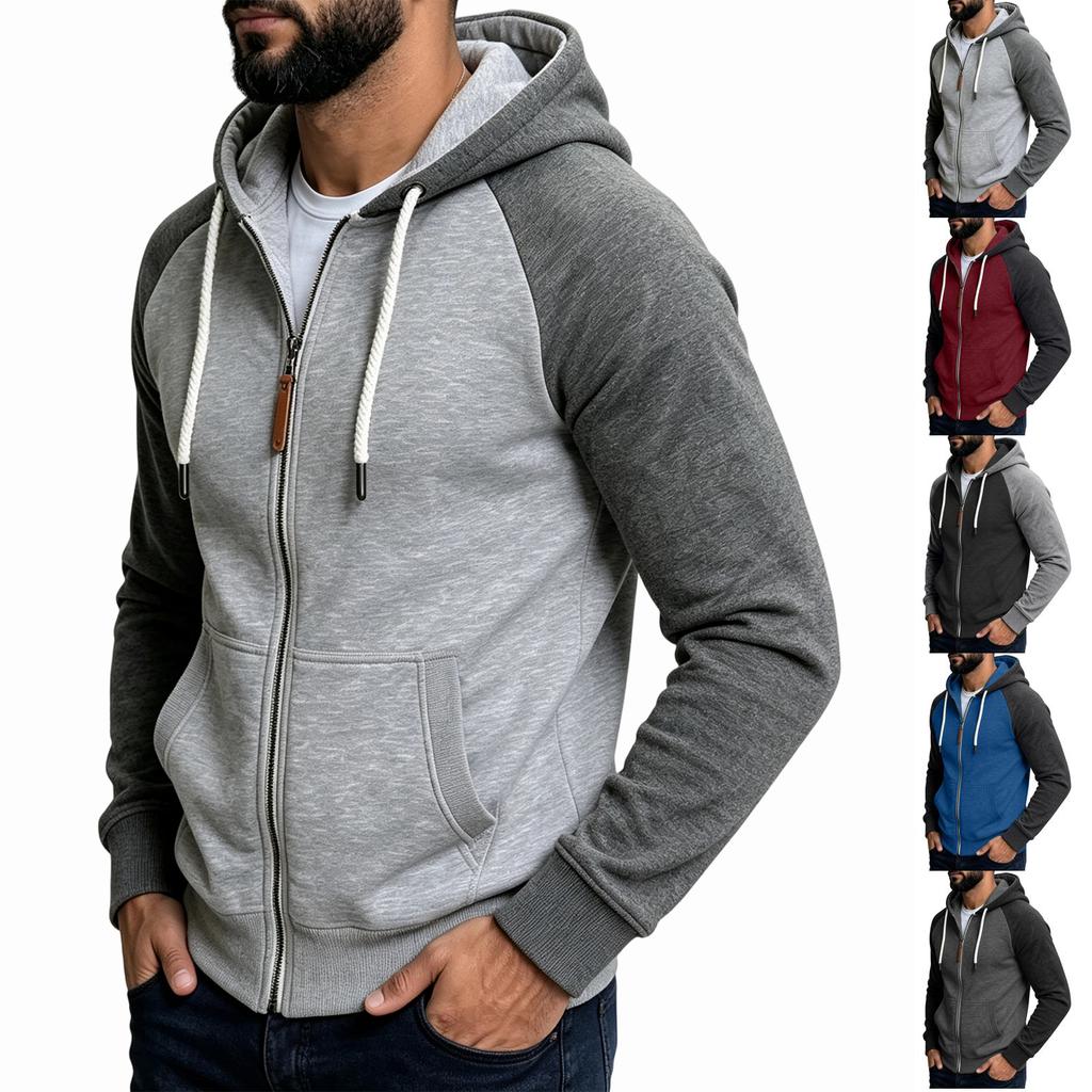 Men's Casual Colorblock Hooded Jacket with Zipper and Large Pockets, Raglan Sleeve Long Sleeve Coat