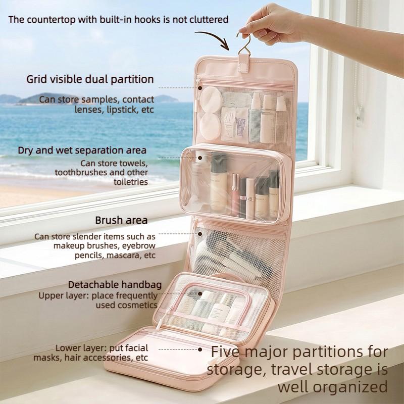Large Capacity Hanging Toiletry Bag for Women, Waterproof Travel Cosmetic Organizer with Dry Wet Separation Folding Wash Pouch