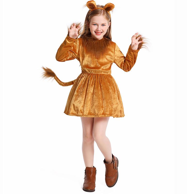 Kids Girls Animals Lion Dress Tail Headwear Sets Halloween Role Play Dress Up Cosplay Costume XS коричневый