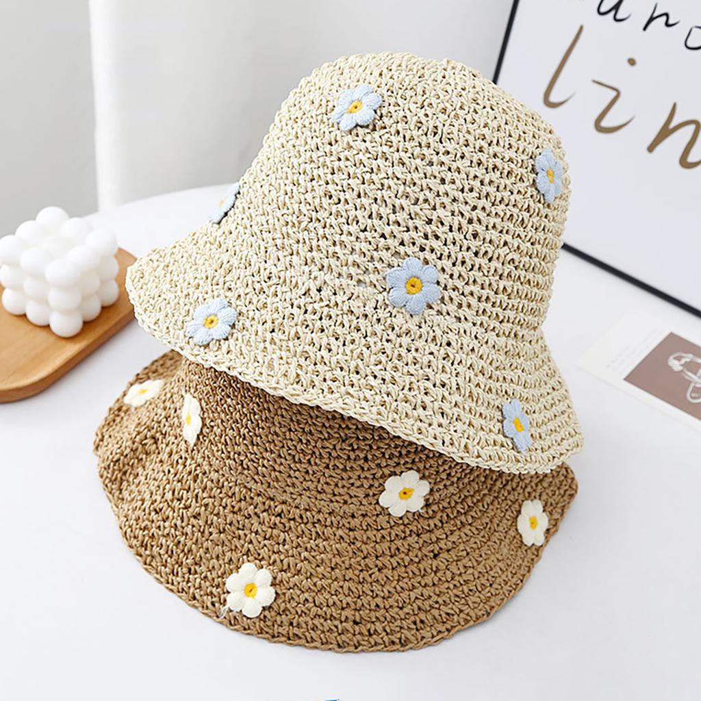 Sweet Flower Straw Hat For Women Summer Hollow Brethable Wide Brim Sunshade Foldable Fisherman Cap Girl Travel Outdoor Basin Hat