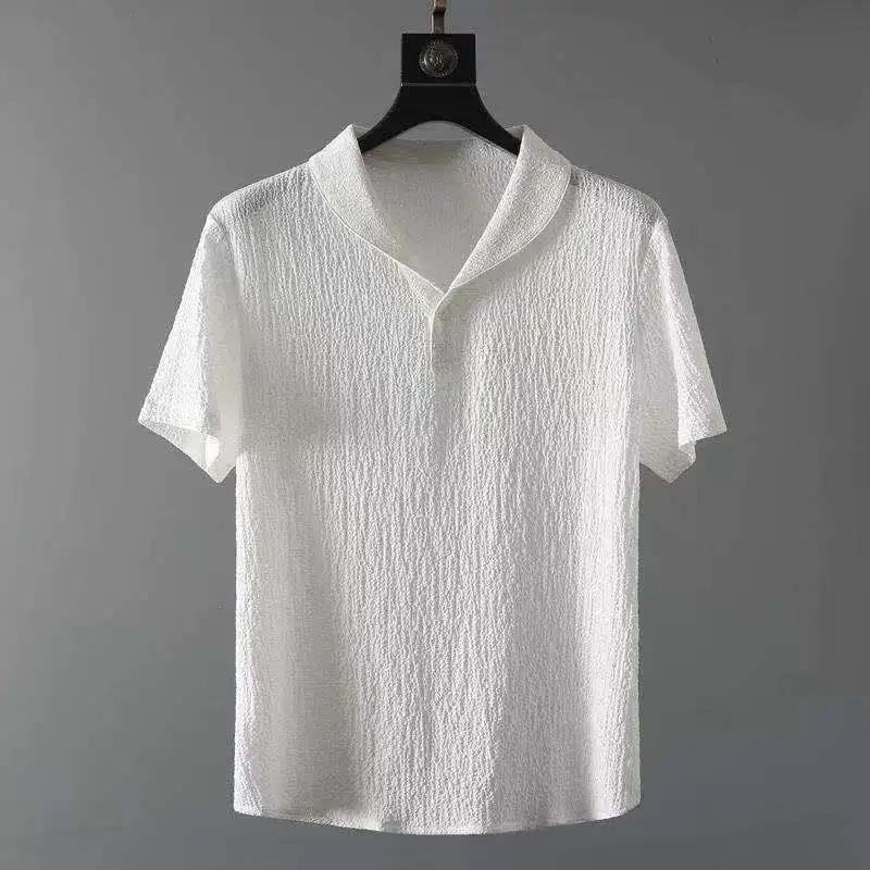 Summer Fashionable Trendy Men's 2-Piece Set Casual Sports Suit Shawl Collar White Short Sleeve T-Shirt