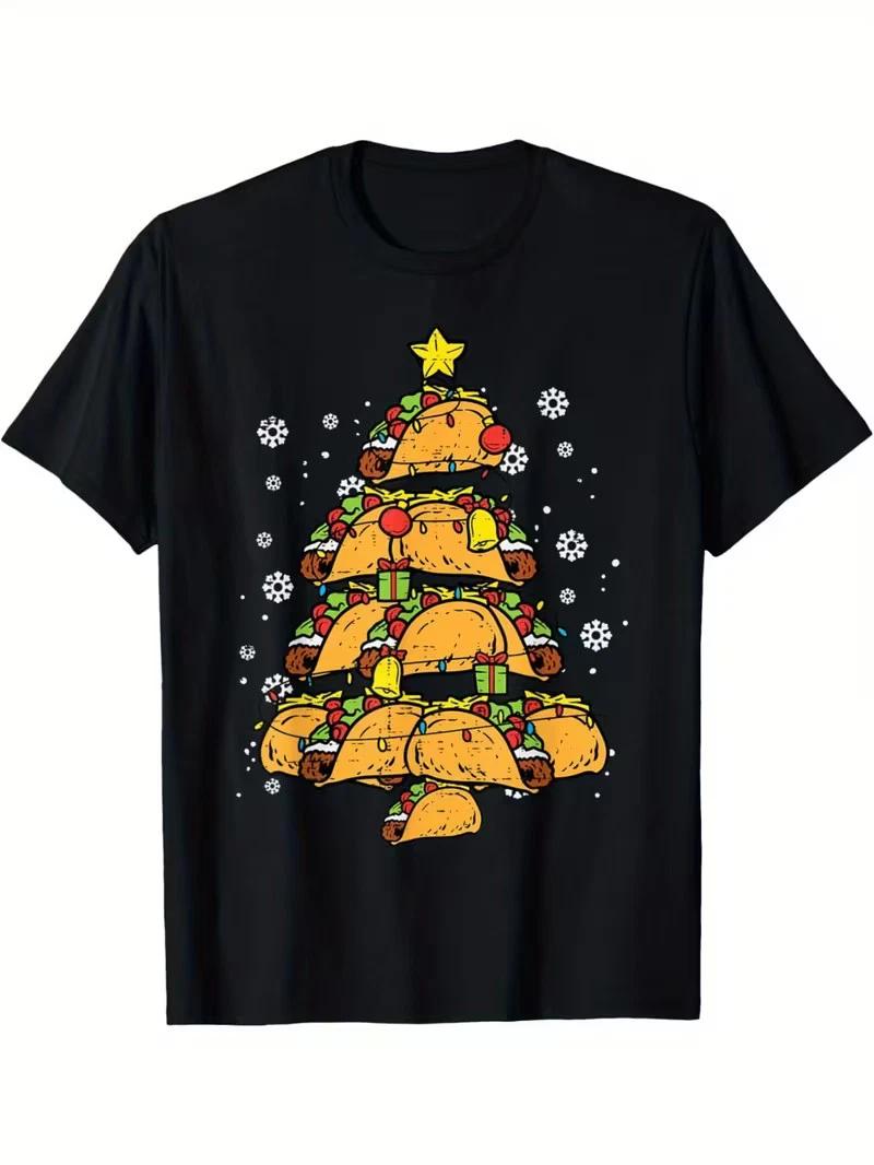 Men S Funny Christmas Taco Tree Graphic Tee - Black Cotton Shirt with Taco Layer XS