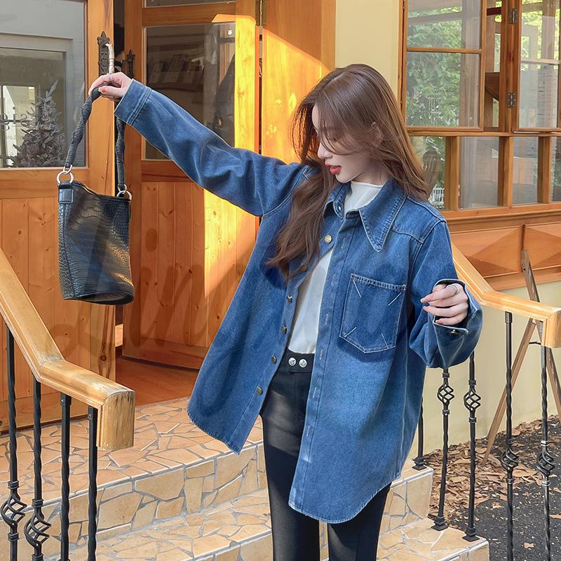 Retro Blue Velvet-Lined Korean Denim Shirt Jacket S