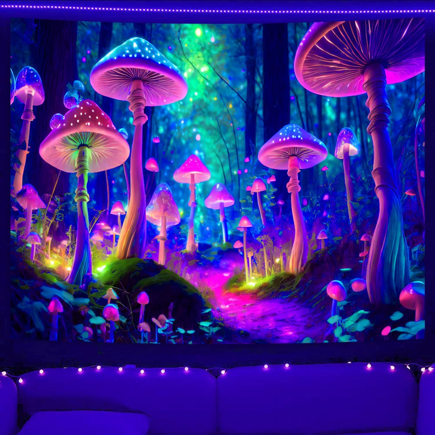 Tapestry sparkling fantasy mushroom dark night neon 75x100
