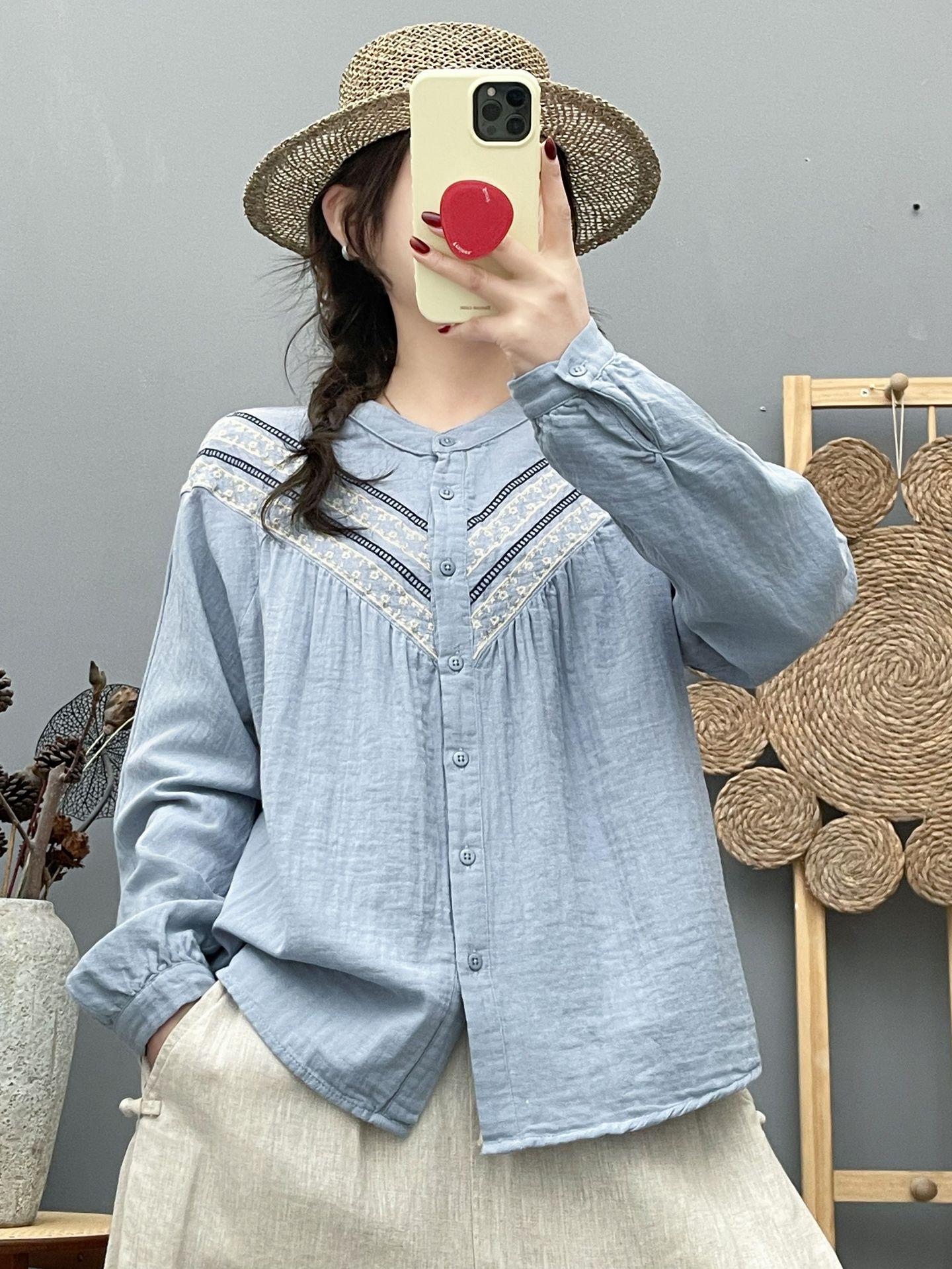 2026 Spring/Autumn New Literary Embroidered Cotton Gauze Stand-Collar Long Sleeve Women s Shirt M синий