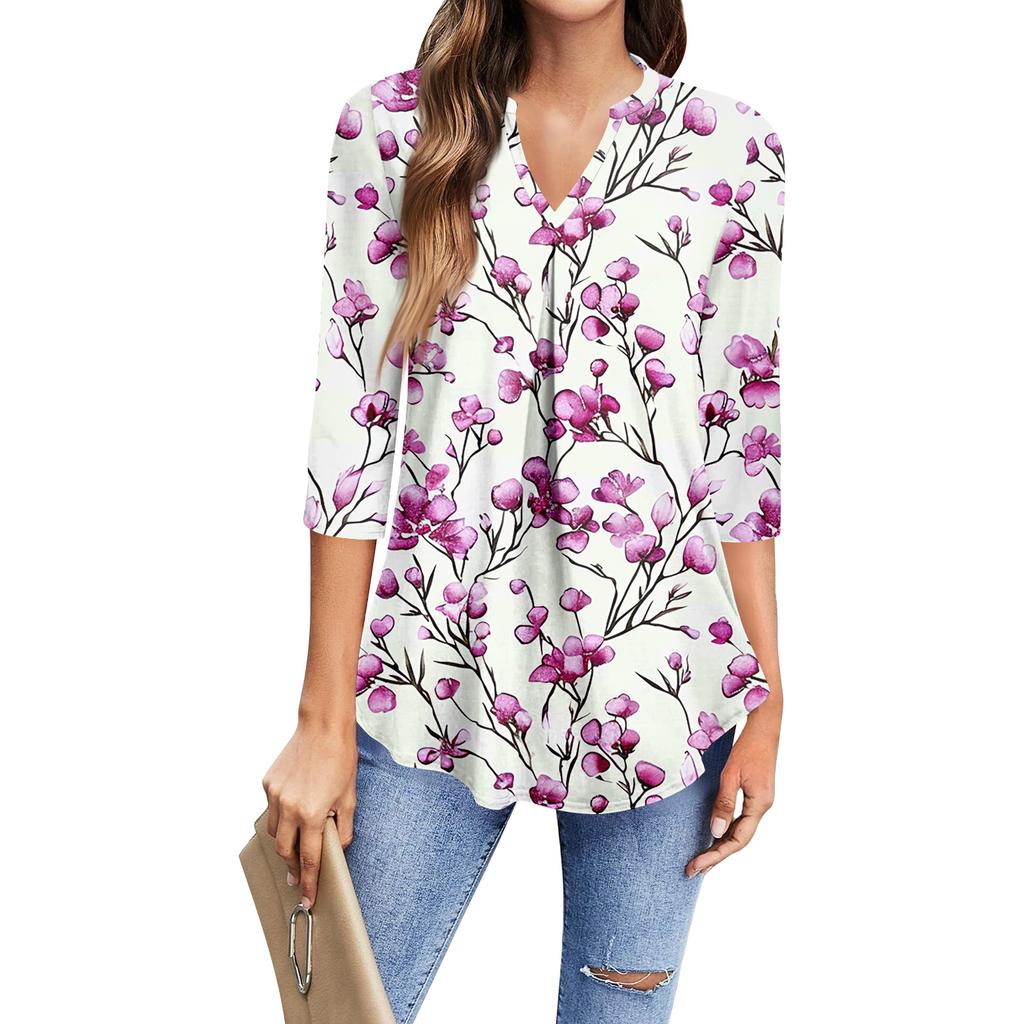 Damen Mode Lässiges Dreiviertelarm T-Shirt Bedrucktes V-Ausschnitt Top