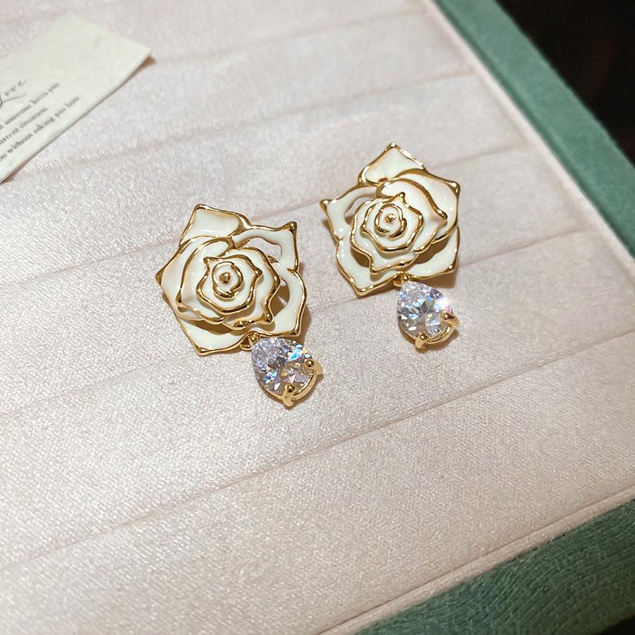 French Court Style Silver Needle Zircon Rectangular Earrings Exquisite Light Luxury High-end Stud Earrings Exaggerated Earrings Women