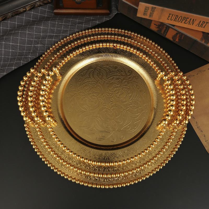Europeisk fruktbricka hushåll rund metall förgylld Xinjiang stor tallrik kycklingtallrik med koppbricka med handtag