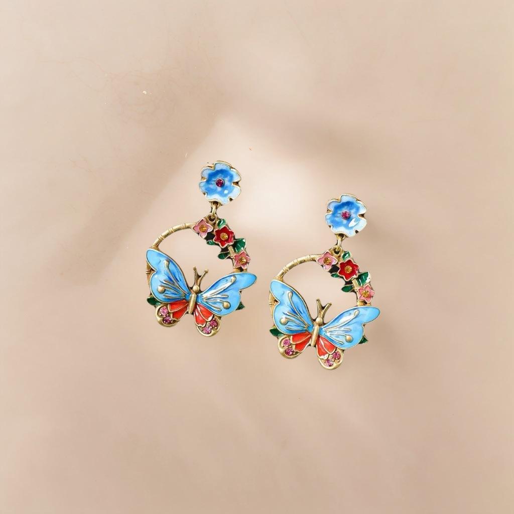 Medieval Palace Butterfly Wreath Earrings French Elegant Temperament Light Luxury High-end Feeling Enamel Oil Painting