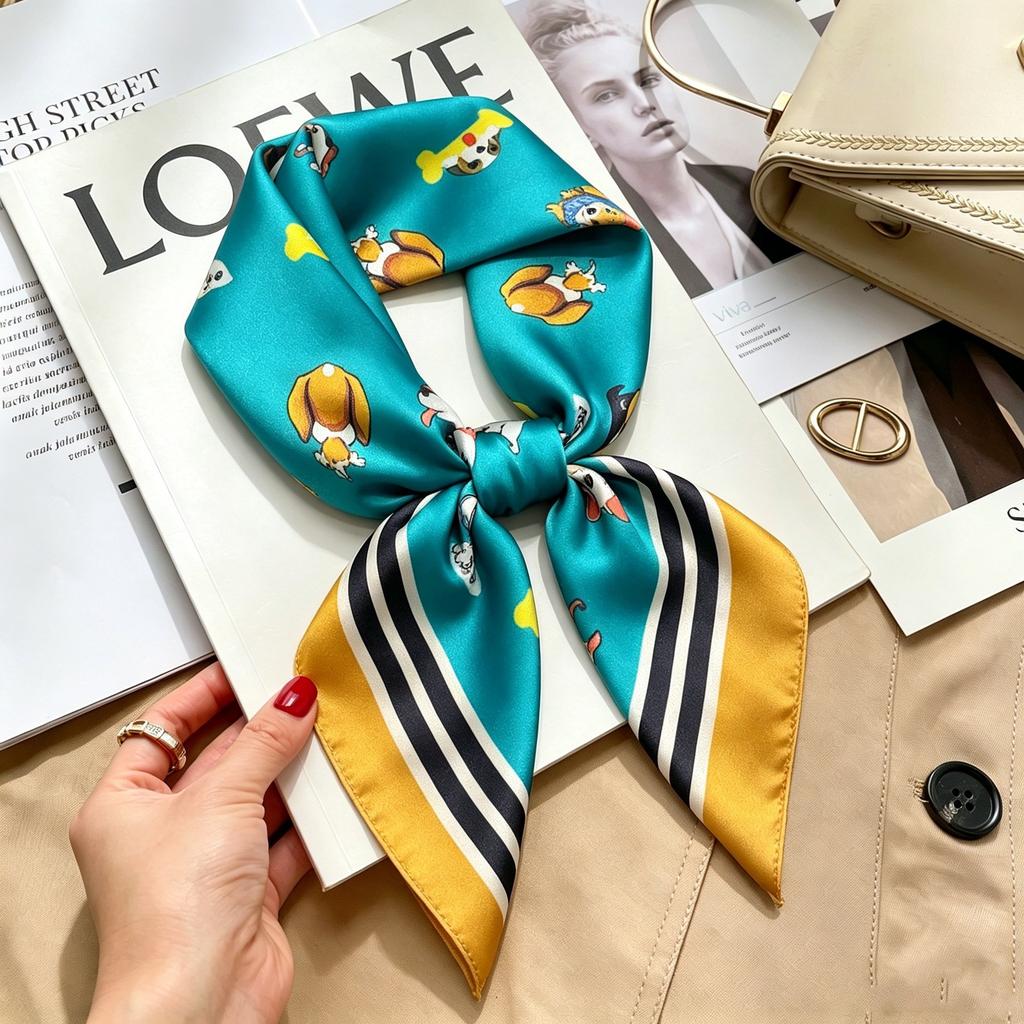 Commuter elegant flower silk scarf women's contrasting color retro printing satin scarf shirt with multi-purpose decorative small scarf