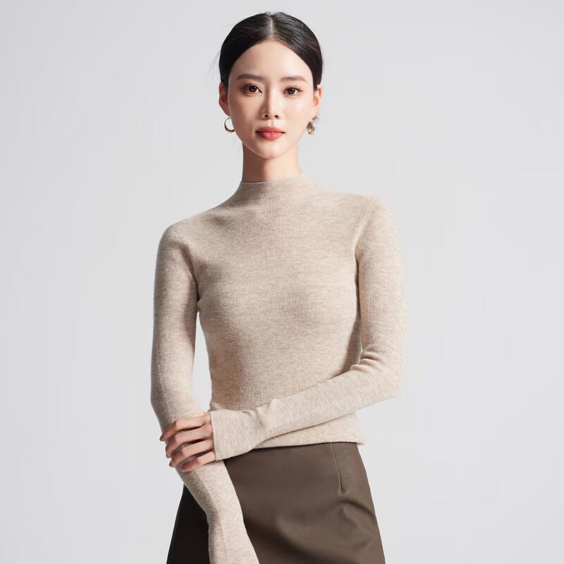 Women's 100% Pure Wool Semi-High Neck Slim-Fit Long Sleeve Sweater