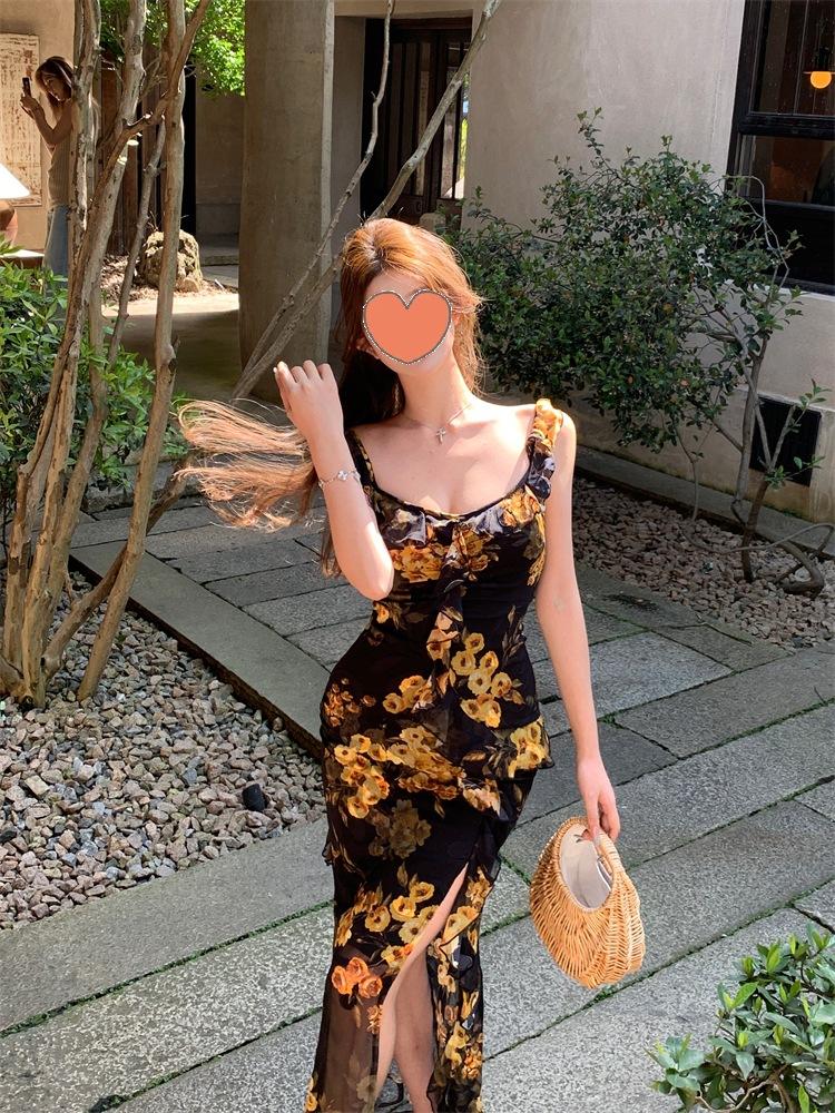 Retro Coffee Break Ruffle Leaf Edge Floral Suspender Dress Women's Summer Temperament Slim Waist Split Fork Beautiful Hip Wrap Dress