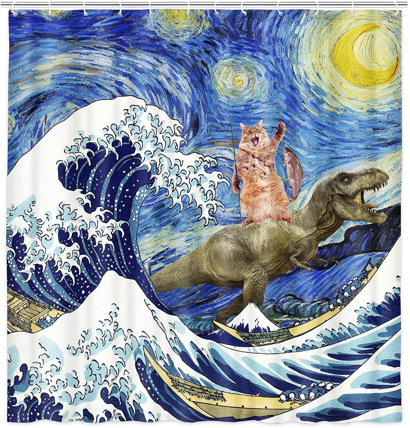 

Funny Dinosaur And Cat In Japanese Kanagawa Waves Shower Curtain Waterproof Fabric Hilarious Bathroom Curtain With 12 Hooks 90x180cm