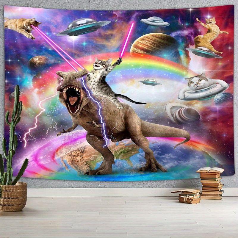 Space Dinosaur Cat Wall Tapestry Galaxy Aesthetic Room Decor Hanging Art for Bedroom Dorm Living Room Home Decoration