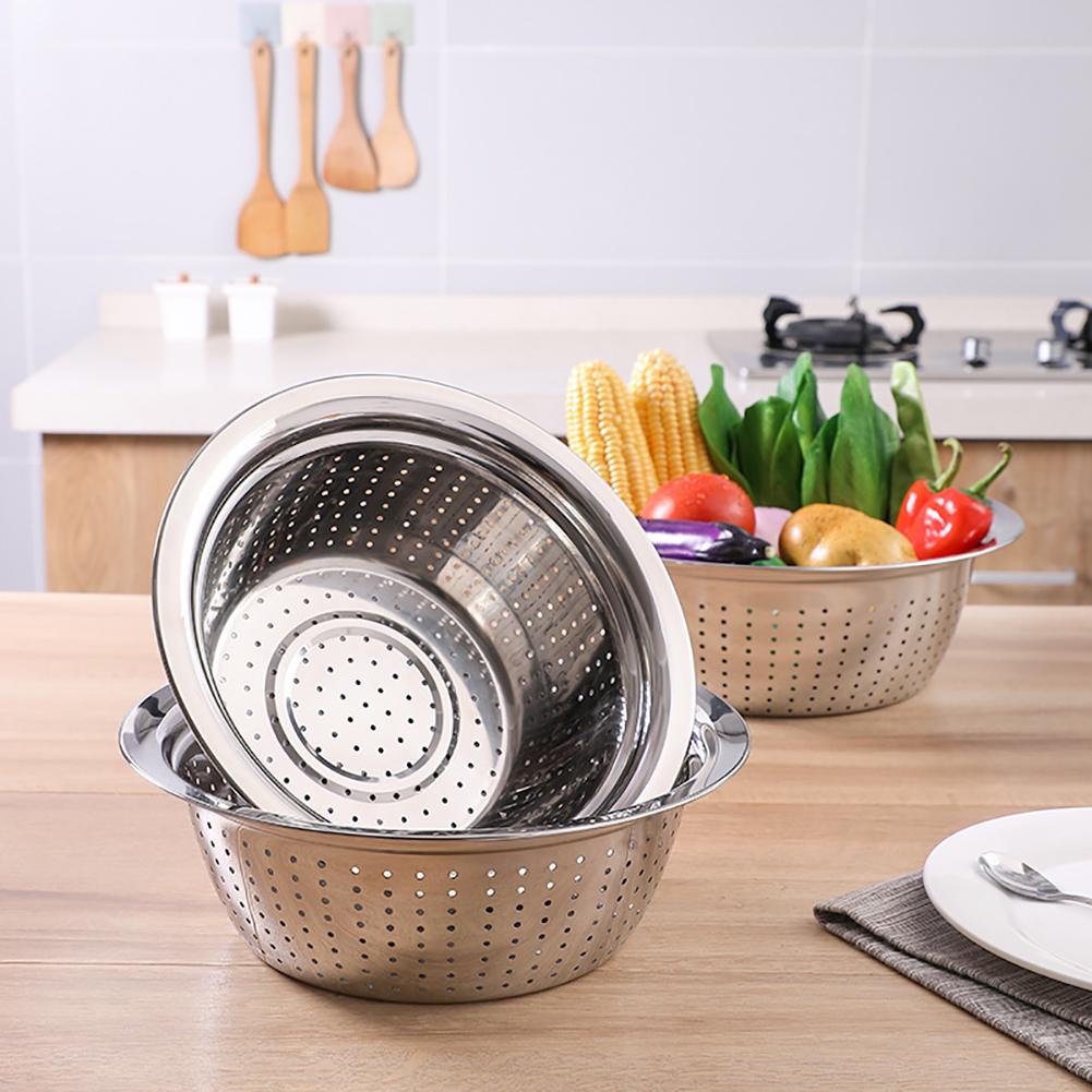 Stainless Steel Holes Washing Rice Sieve Strainer Fruits Vegetable Drain Bowl 24cm серебряный