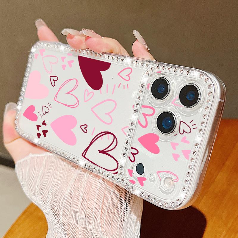 Pink Hearts Eye Pattern Diamond Case For iPhone 17 Pro Max Funda iPhone 16 Pro Max 15 14 13 11 Clear TPU Silicone Soft Cover