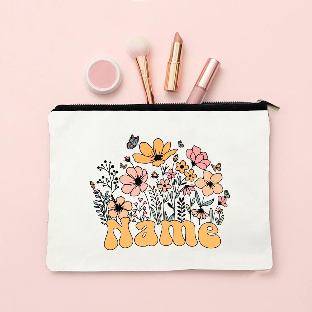 

Personalized Flower with Name Makeup Bag Travel Cosmetic Case Canvas Monogram Toiletry Bag Festive Birthday Wedding Gift for Her