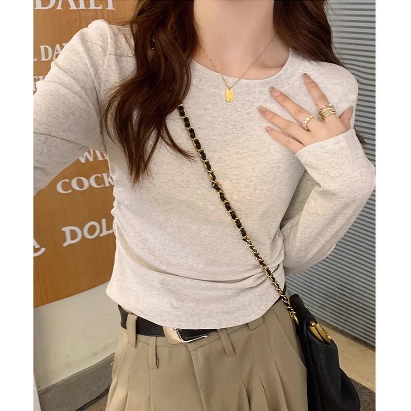 

Women s Straight Shoulder Long-Sleeve Ruched Slim-Fit Top for Early Autumn 2025 M (95-105) светло-серый