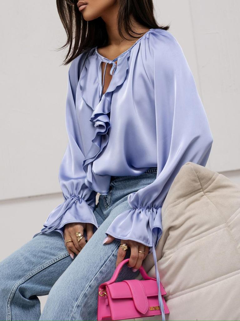 Spring/Summer Tie-Up Collar Ruffled Edge Blouse Loose Bell Sleeve Women's Shirt