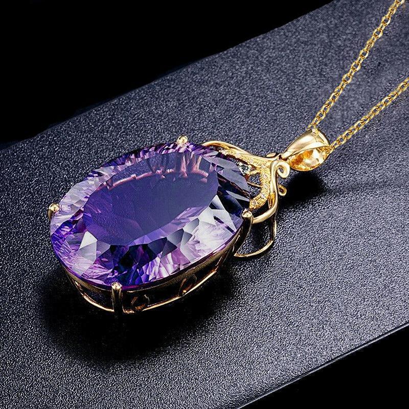 Huitan Purple Cubic Zirconia Oval Pendant Necklace for Women Temperament Elegant Lady's Neck Accessories Wedding Trendy Jewelry