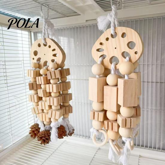 Parrot Gnawing Accessory Wooden Blocks Toy, Bird Chew Toy with Beads Pinecones, Safe Pine Cone Beak Grinding Cage for Macaws African Greys Large