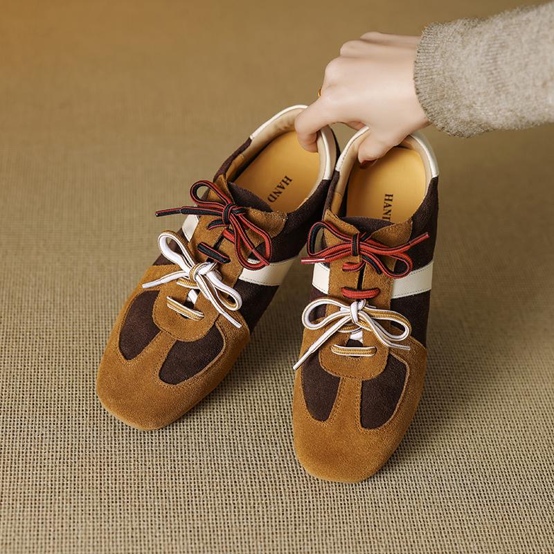 Fashion Lace-up German Training Shoes Pumps Female Genuine Leather 2025 New Spring Flat Sneakers Ladies Casual Forrest Gump Shoes Women