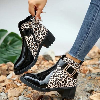 Fashion Women Round Toe Belt Buckle Ankle Boots Spring Autumn New Leopard Print Leather Boots Female Fashion High Heels Short Boots