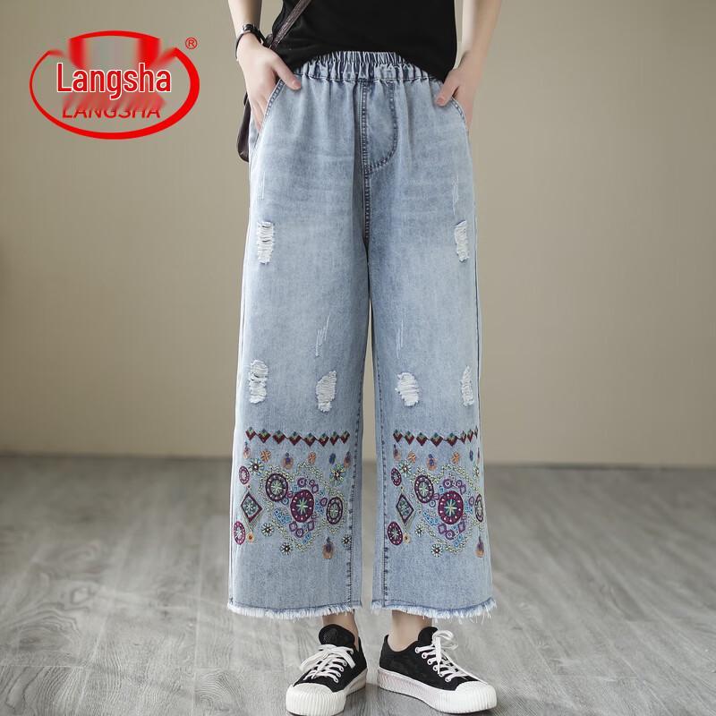 

LangSha Women s Ethnic Embroidered Capri Denim Wide-Leg Pants L