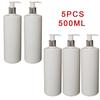 Garrafa plástica PET de ombro plano de 5 peças de 500 ml, durável e à prova de vazamentos, para banheiro, com bomba recarregável, recipiente para líquidos