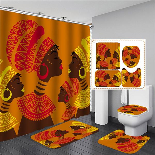 4PCS Full Set Bathroom Curtain Set Elegant African Black Woman Shower Curtain Hooks Modern Bath Mat Toilet Lid Cover Anti-slip Bath Mats