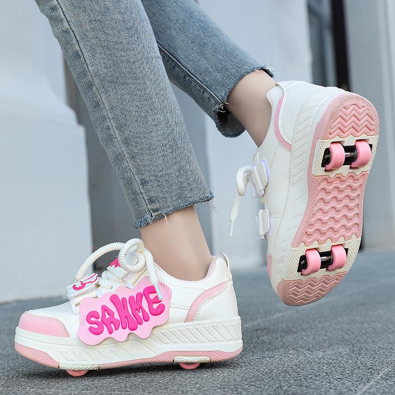 Boy/girls Sneakers with Wheels Four -wheel Sports Boots Wheel Skate Can Remove Student Skate Shoes