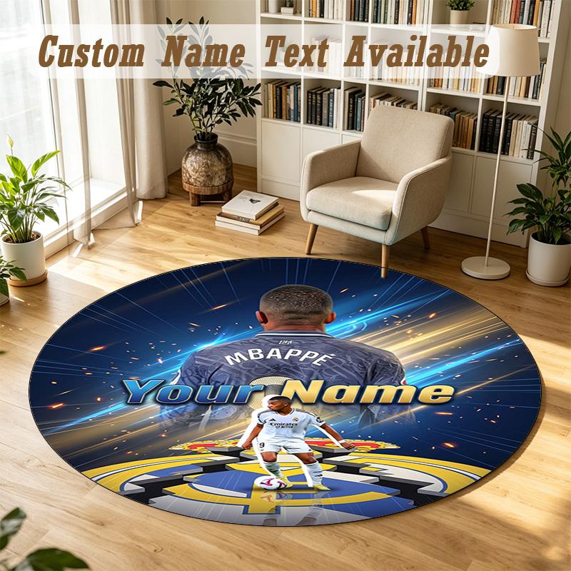 Round Rug Custom NameKylian Mbappe Pattern Non Slip Carpet Home Floor Decor