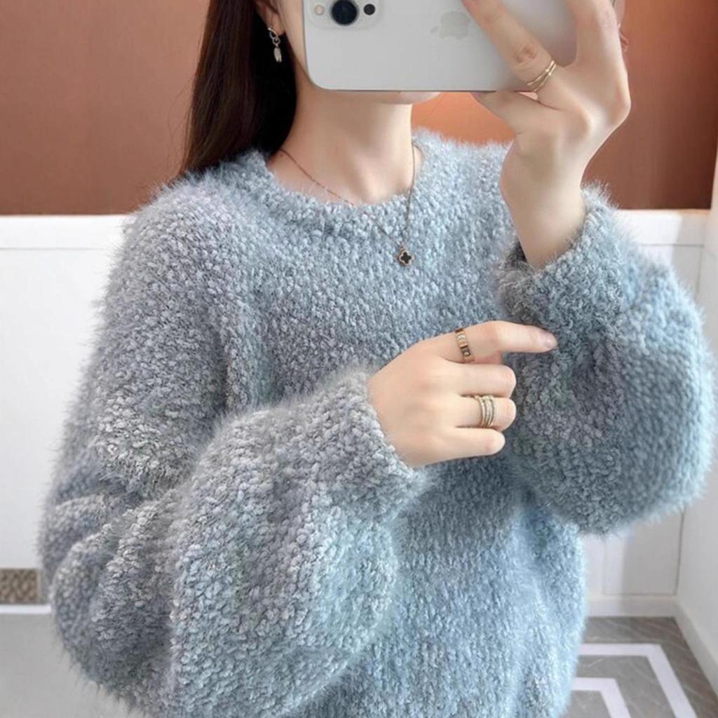 Women's 2025 Faux Mink Velvet Knit Sweater - Cozy Autumn/Winter Round Neck Pullover