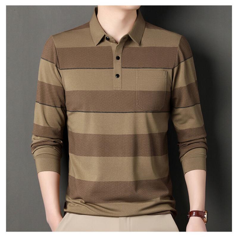 Men S Wide Striped Long Sleeve Turn Down Collar Polo Shirt