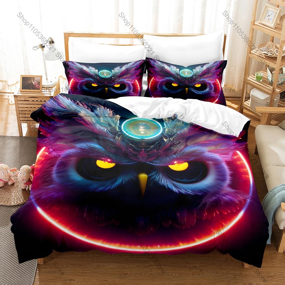 Cool Owl Minimalist Wildlife Nocturnal Bird Vintage Cartoon Animal Art HD Print Bedding Set Duvet Cover + 2 Pillowcases Animal