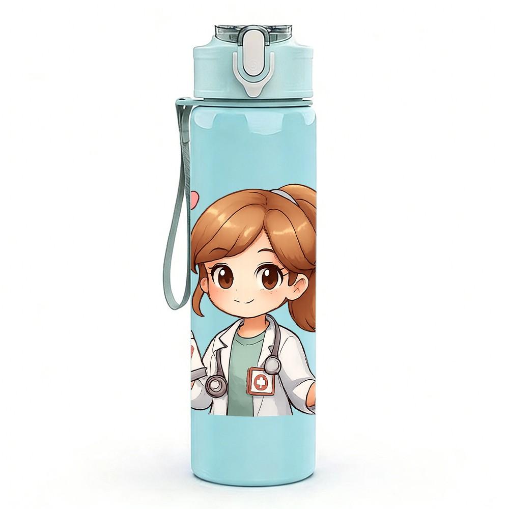 1PC Cute Girl Doctor Cartoon 750ml Color Plastic Sports Water Bottle Leakproof Flip Straw Lid Suitable for Sports Office Home Use