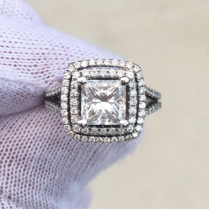 Pinduoduo White Gold Square Claw Full Diamond Zircon Ring Atmospheric Light Luxury Versatile no. 6 платиновый