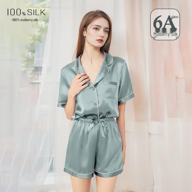 Summer Silk Two-Piece Set: Women s Short-Sleeved Top and Shorts, 100% Mulberry Silk Pajamas 2XL