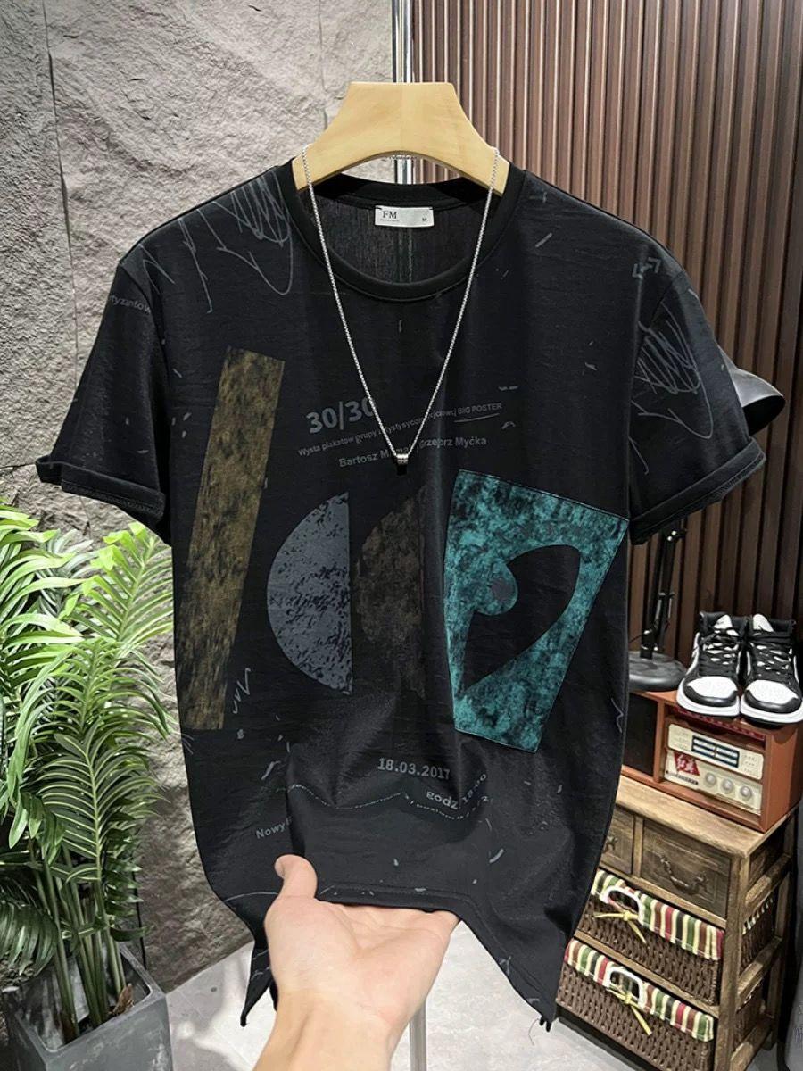 

Мужские футболки из тенсела и хлопка с коротким рукавом, высококачественные топы, приталенные футболки с принтом 4XL чёрный