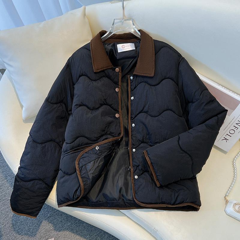Small Fragrance Korean Version of Contrast Seam Cotton-padded Jacket Short Autumn and Winter Short Retro Lapel Thin Padded Jacket.