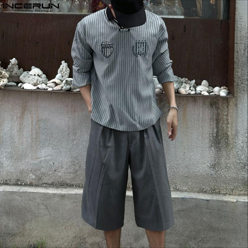 INCERUN Oversized Men Lapel Long Sleeve Striped Letter Print Casual Loose Tops T-Shirts