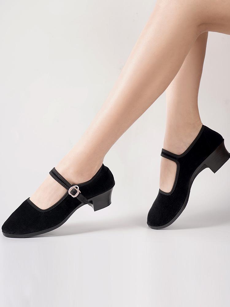 Women's Yangge Dance Cloth Shoes - Black-Soled, High-Heeled, Ethnic Tibetan & Northeast Folk Style for Exams