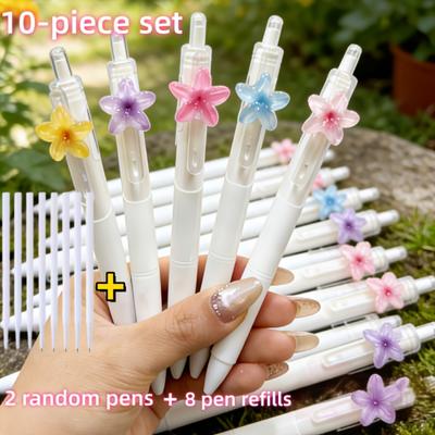 10-Pcs Colorful Small Flower Ballpoint Pens (2pcs Pens And 8pcs Refills) Random Colors, 0.5Mm Black Ink, Cute Flower Quick-Dry Writing Pens