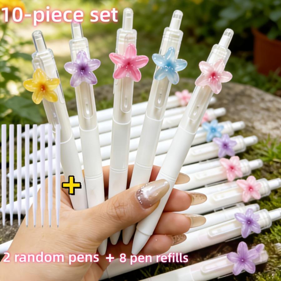 10-Pcs Colorful Small Flower Ballpoint Pens (2pcs Pens And 8pcs Refills) Random Colors, 0.5Mm Black Ink, Cute Flower Quick-Dry Writing Pens