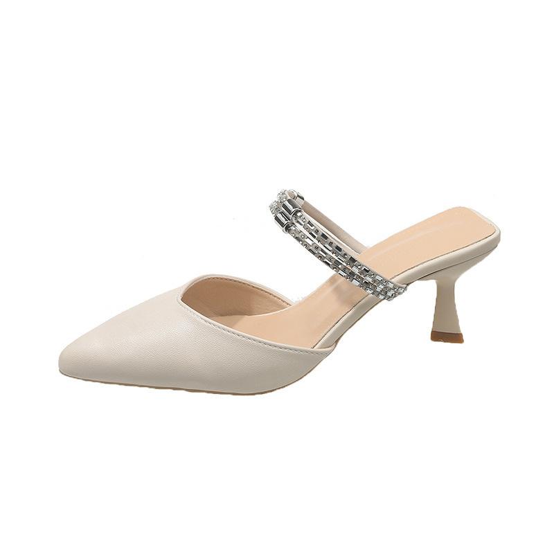 Baotou sandals women's middle heel two wearing slippers summer wear pointed thin heel rhinestone rear empty single shoes women's new models