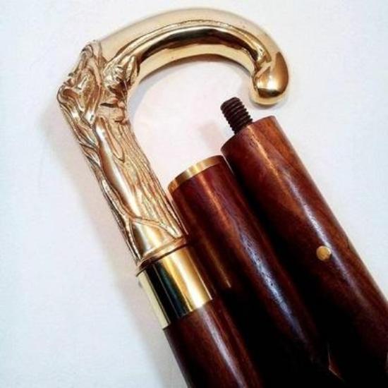 Antique Style Victorian Vintage Designer Brass Handle Cane Wooden Walking Stick