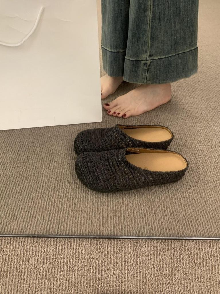 French Niche Hand-woven Hollow Breathable Bag Head Half Slippers Women's Summer Wear Roman Style Thick-soled Muller Shoes