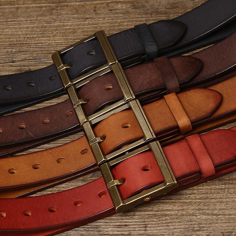 Men's Leather Belt Thickening Bolding Vegetable Tanned Full-Grain Leather Cowhide Brass Buckle Retro Genuine Leather Fashion