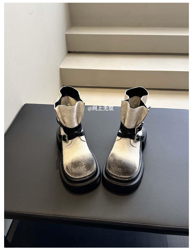 Coarse Heel Platform Short Boots Women's 2025 New Autumn and Winter Small High Heel Cow Anti-velvet Retro Belt Buckle Martin Boots
